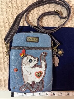 Chala Blue Cat Applique Crossbody with Brown Trim
